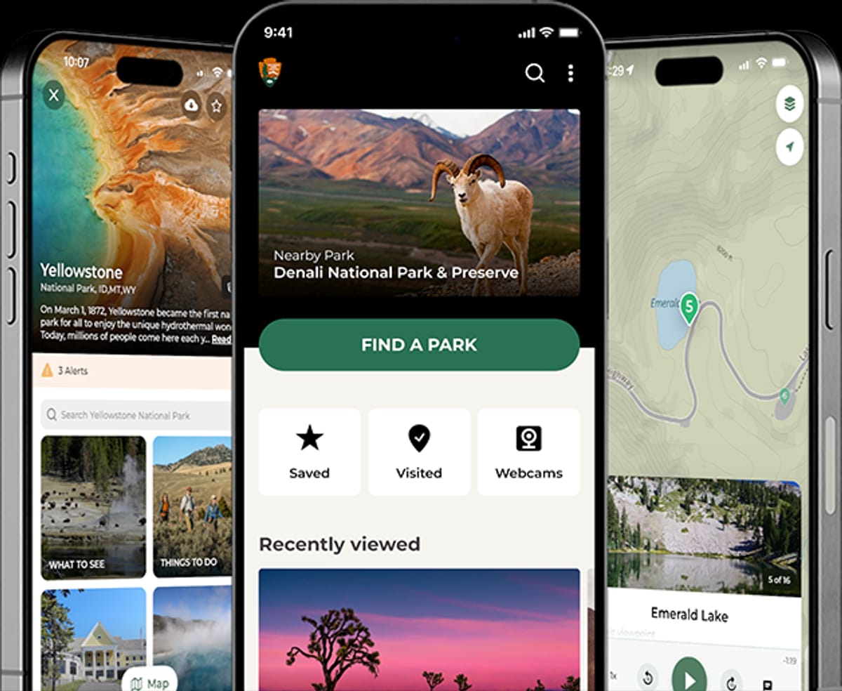 Three smartphones showing different screens within the NPS app.